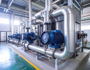 Industrial machinery, pumps, pipes, and motors in a factory