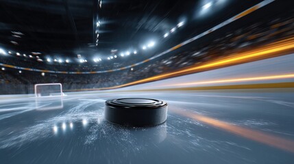 A dynamic shot of a hockey puck gliding across an ice rink, capturing the fast-paced action of a game in a vibrant arena.