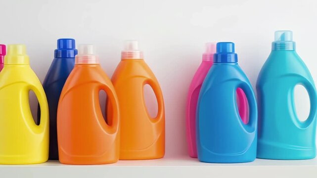 Colorful laundry detergent bottles arranged on a shelf.