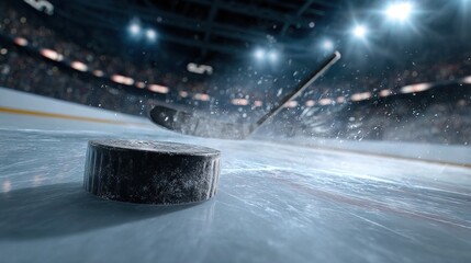 An action-packed scene of a hockey puck gliding across the ice, with a stick poised to strike and a blurred crowd in the background.
