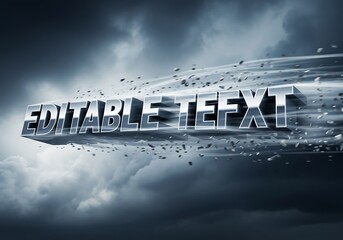 Large, metallic, 3D text "EDITABLE TEFXT" is swept across a dramatic sky filled with storm clouds and wind effects.