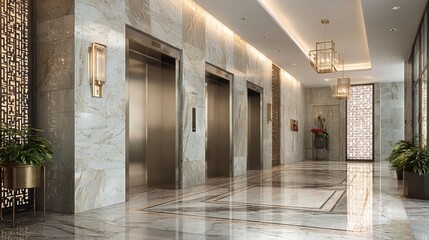 A modern lobby featuring sleek elevators, elegant marble flooring, and stylish lighting, creating a luxurious atmosphere.