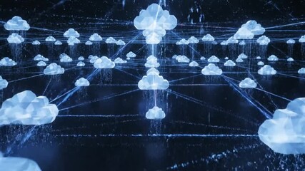 A vast digital network of interconnected glowing clouds representing global data storage, information technology, and cloud computing - Powered by Adobe