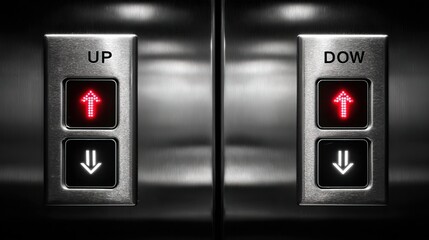 A close-up image of elevator buttons showing "UP" and "DOWN" indicators in red on a sleek metallic panel.