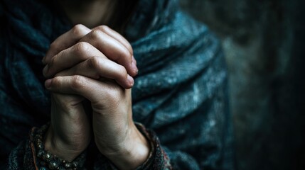 A pair of hands clasped together in prayer, wrapped in a textured cloth, exuding a sense of calmness and contemplation against a dark backdrop.
