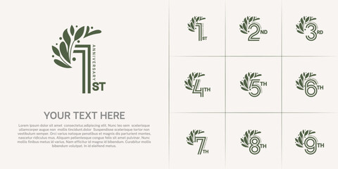 Anniversary logo type set with double line number and floral ornament. green color for celebration event