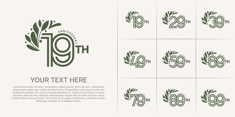 Anniversary logo type set with double line number and floral ornament. green color for celebration event