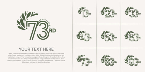 Anniversary logo type set with double line number and floral ornament. green color for celebration event