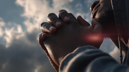 A person with clasped hands gazes upwards, surrounded by dramatic clouds and sunlight, conveying a sense of reflection and hope.
