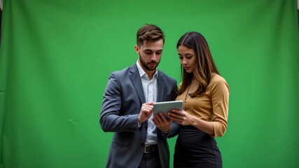 Businessman businesswoman tablet technology green screen teamwork professional office communication digital device collaboration modern business people corporate interaction work environment - Powered by Adobe