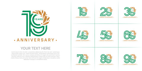 Anniversary logo type set with double line number and brown floral ornament. green color for celebration event