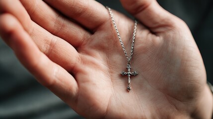 A hand holds a silver cross necklace, symbolizing faith and spirituality, against a softly blurred background.