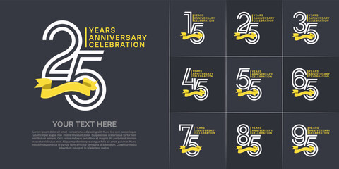 Fototapeta premium Anniversary logo type set with double line number. white color with yellow ribbon for celebration event