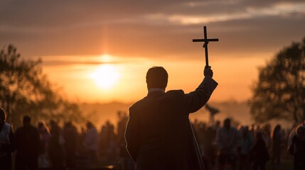 A silhouette of a person holding a cross against a sunset backdrop, surrounded by a gathering of people, evoking themes of spirituality and community.