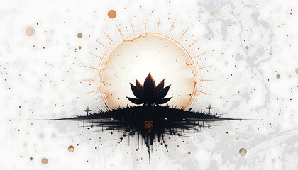 A lotus flower silhouette against a sun like circle with abstract splatter background design style art