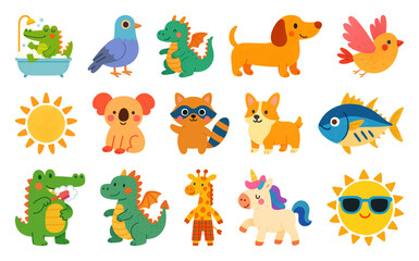 Obraz premium PNG Colorful cartoon animal stickers, element set on transparent background