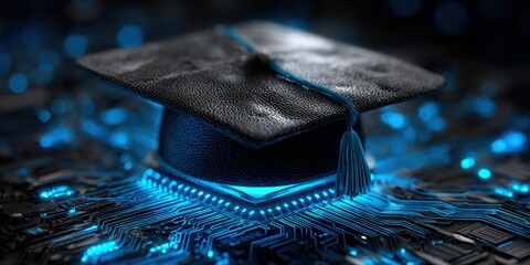 Graduation cap on a glowing circuit board represents online education and digital learning.