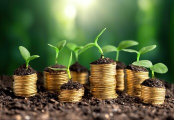 Money growing concept, coin stacks and green plants