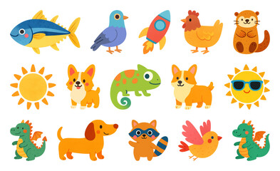 Obraz premium PNG Colorful cartoon animal icons, element set on transparent background