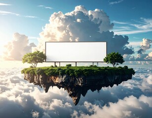 Surreal floating island in the sky with a large blank billboard surrounded by clouds and greenery