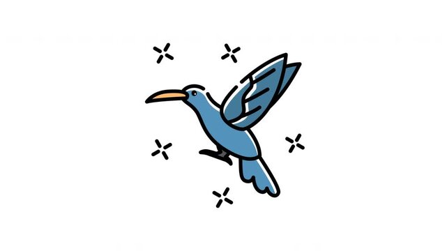 animation of Hummingbird fly beautifully as a blue hummingbird flies among shimmering star shapes.
