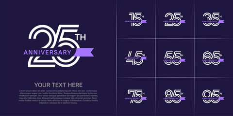 Anniversary logo type set with double line number. white color with small purple ribbon for celebration event