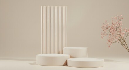 Minimalist beige scene with three circular podiums and a tall fluted panel with delicate pink flowers