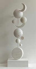 Abstract sculpture featuring various spheres and crescent shapes on a minimalist background