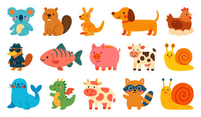 Obraz premium PNG Colorful cartoon animal stickers, element set on transparent background