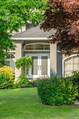 Entrance of luxury house in summer with nice landscape in Vancouver, Canada, North America. Day time on August 2025.
