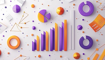 Colorful abstract geometric shapes and graphs on a white background, illustrating data analysis concepts