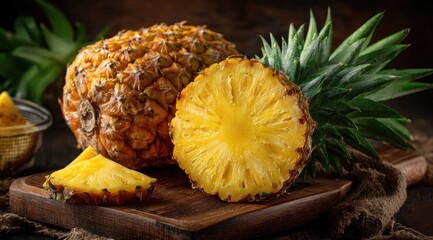Fresh pineapple, sliced and whole, on a wooden board