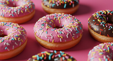 assorted donuts with pink and chocolate glaze topped with colorful sprinkles on a bright pink background, delicious sweet treats for snacking, dessert, or celebration dixie