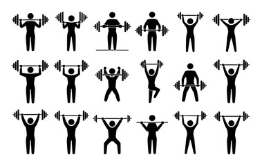 Collection of Stick Figure Icons Demonstrating Various Weightlifting Exercises