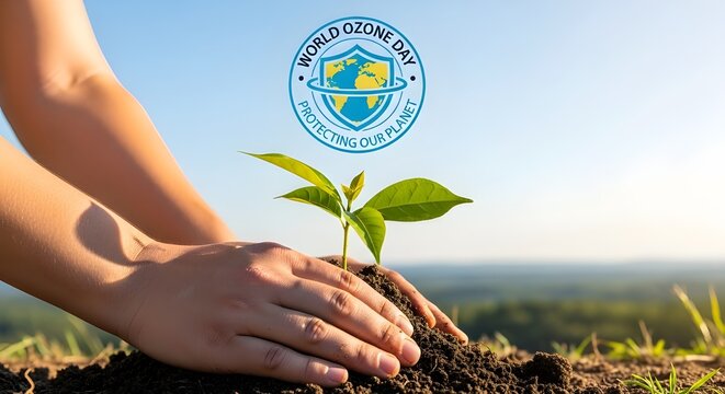 Hands planting seedling for World Ozone Day protecting our planet