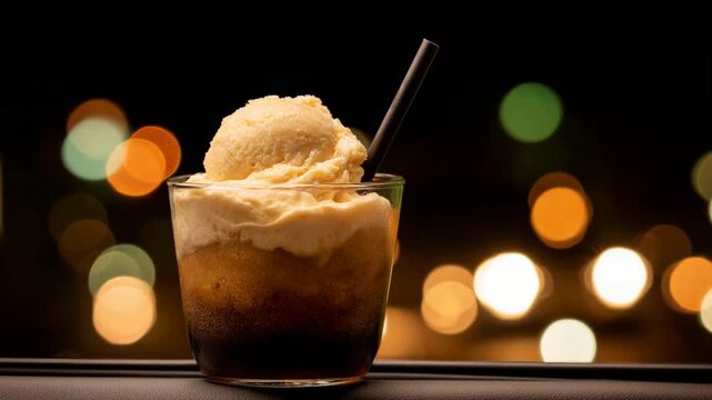 Delicious Ice Cream Float with Bubbles and Bokeh Lights at Night.