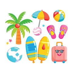 Cartoon Summer Vacation Icon Set &ndash; Tropical Beach Fun in Vibrant Colors