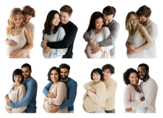 PNG Diverse couples expecting joyfully, element set on transparent background
