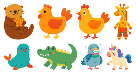 Fototapeta premium PNG Colorful cartoon animal illustrations, element set on transparent background