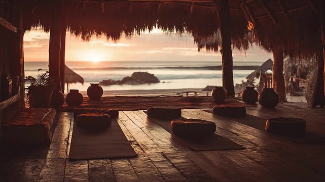 Serene beachside yoga retreat at golden hour with ocean view.