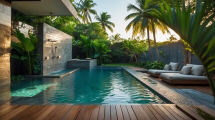 Fototapeta premium Luxury Swimming Pool with Tropical Garden and Outdoor Shower at Sunset