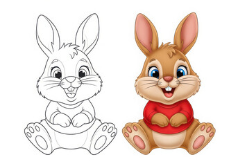 Cute cartoon bunny illustration with line art and color version