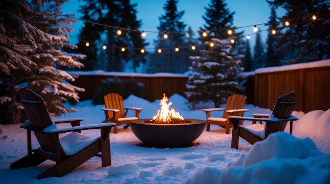 Cozy Winter Evening Scene with Fire Pit, Adirondack Chairs, and String Lights in Snow