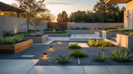 Modern Landscaped Backyard with Gravel, Planters, Lighting and Architectural Design