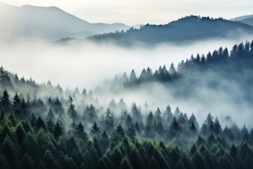 Fototapeta premium Misty pine forest hillside shrouded in dense fog trees mountains