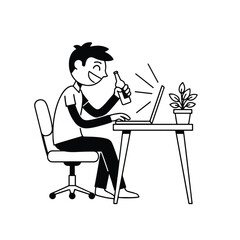 Happy man celebrating with a drink while working on laptop.