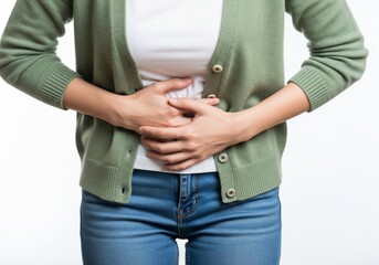close-up a Woman Holding Stomach in Pain – Abdominal Discomfort Health Concept