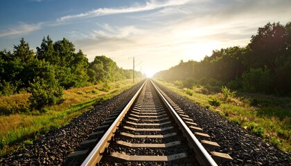 Fototapeta premium Scenic Railway Tracks Stretching into the Horizon at Sunset with Greenery