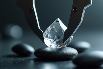 Precision, value, and excellence in high-end gem appraisal illustrated by robotic claws holding crystal diamond on black stones