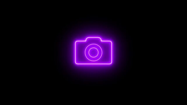 Glowing neon camera icon isolated , recording, and film themes. pictogram photograph animated on black background.
